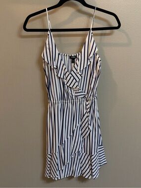 Express Navy & White Striped Ruffle Mini Dress